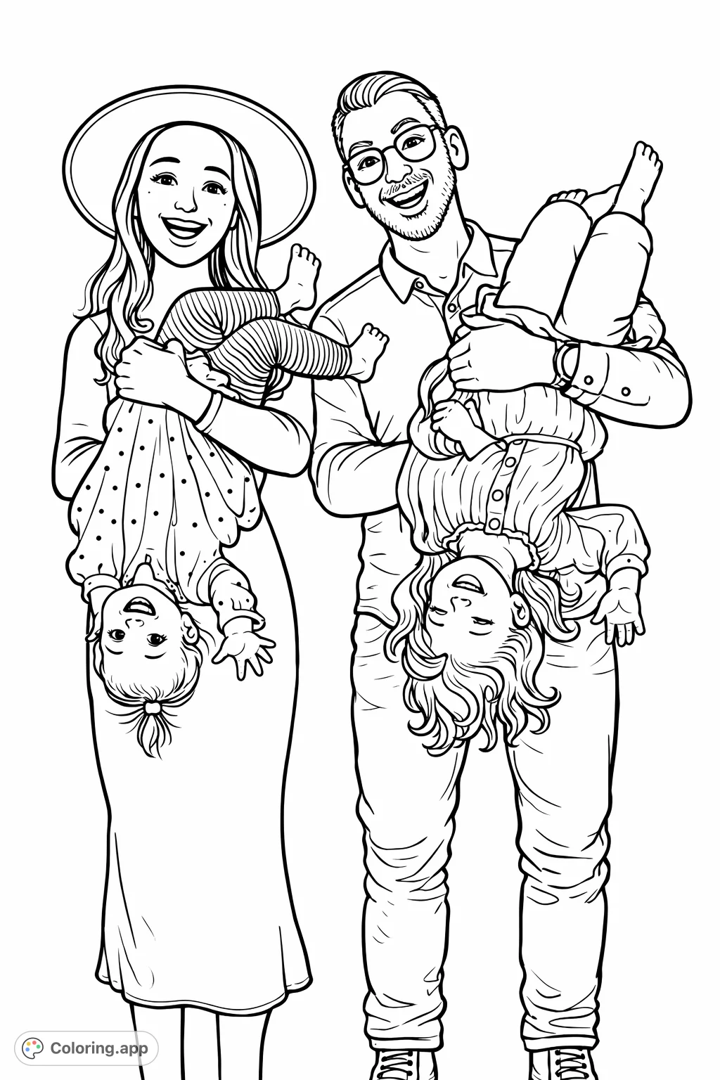 A heartwarming, playful family scene showing two adults happily holding their two young children upside down. Perfect for a fun and engaging coloring activity.