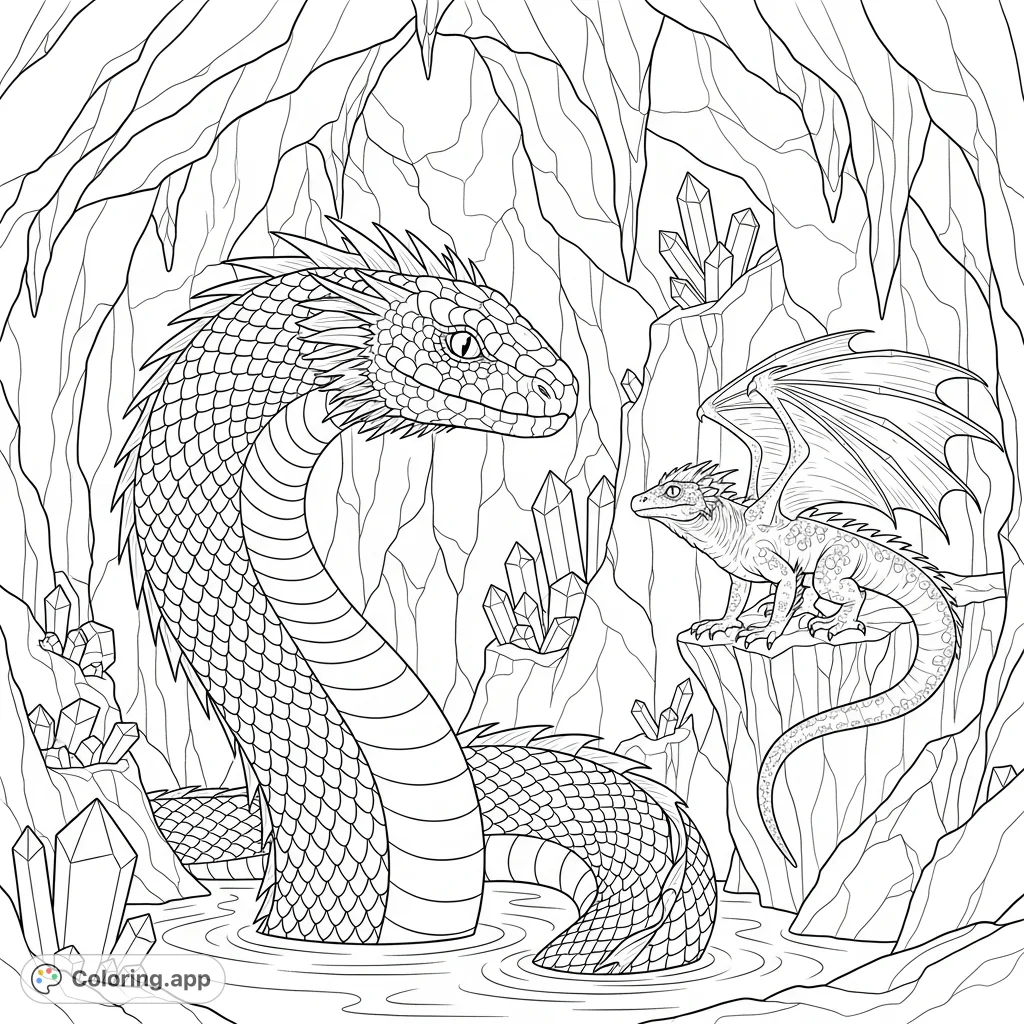 A majestic leviathan-like serpent emerges from a still pool, watched by a winged basilisk in a subterranean crystal cavern. An epic fantasy coloring adventure!
