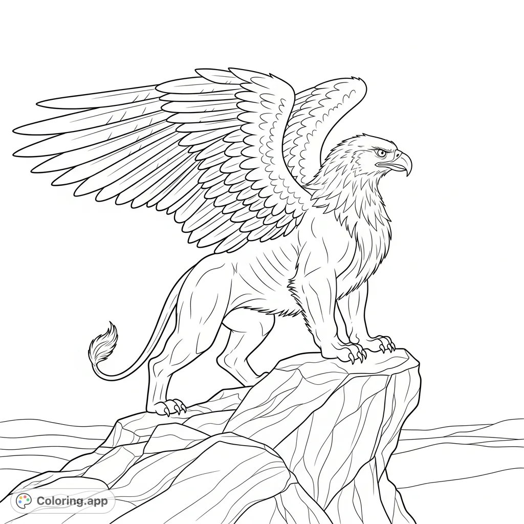 A majestic griffin with eagle wings and a lion's body stands poised on a rugged rock, gazing across a vast landscape. Intricate details await your creative touch!