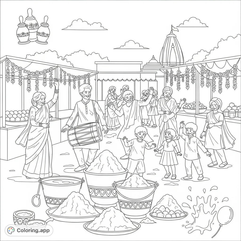 Experience a vibrant Holi festival in a lively village square. Adults and children dance with powder and water, surrounded by market stalls and a distant temple spire.