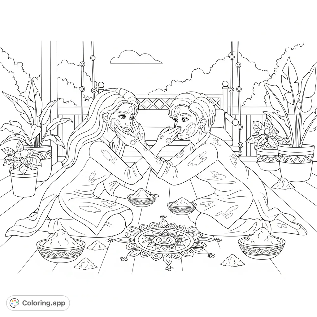 Capture the joyous spirit of Holi with this coloring page featuring two friends applying gulal, surrounded by intricate rangoli and lush plants.