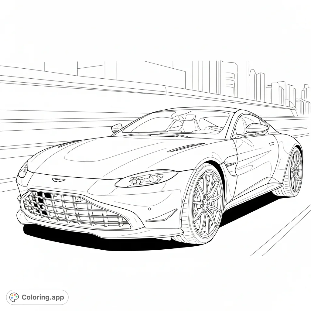 Experience the thrill of coloring a 2022 Aston Martin Vantage Coupe. This luxury sports car features sleek lines, detailed wheels, and a dynamic urban background.
