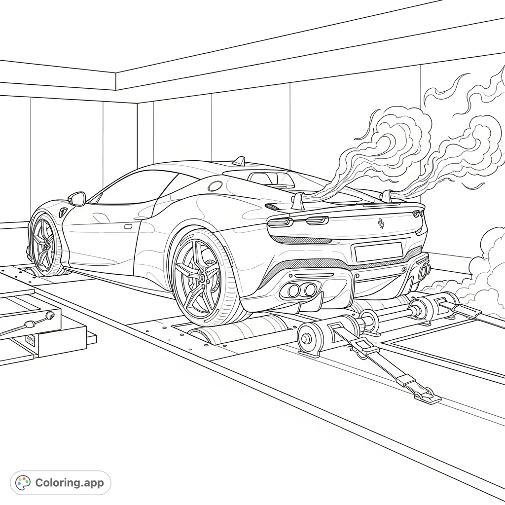 Experience the raw power of the 2021 Ferrari Cineto concept supercar during a dynamic dyno test, with dramatic flames erupting from its exhaust. A thrilling supercar coloring page.