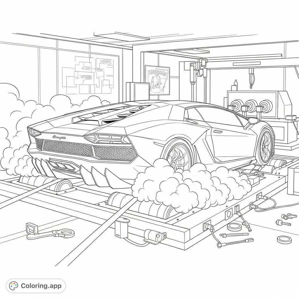 Experience the raw power of a Lamborghini concept car on a dyno test, billowing with tire smoke. A dynamic free printable vehicle coloring page.