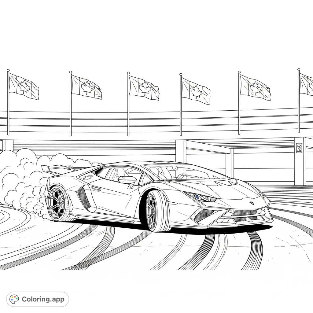 Experience the thrill with this Lamborghini Thor Concept supercar, designed by Tom Danny, captured mid-drift in a parking station adorned with Canadian flags.