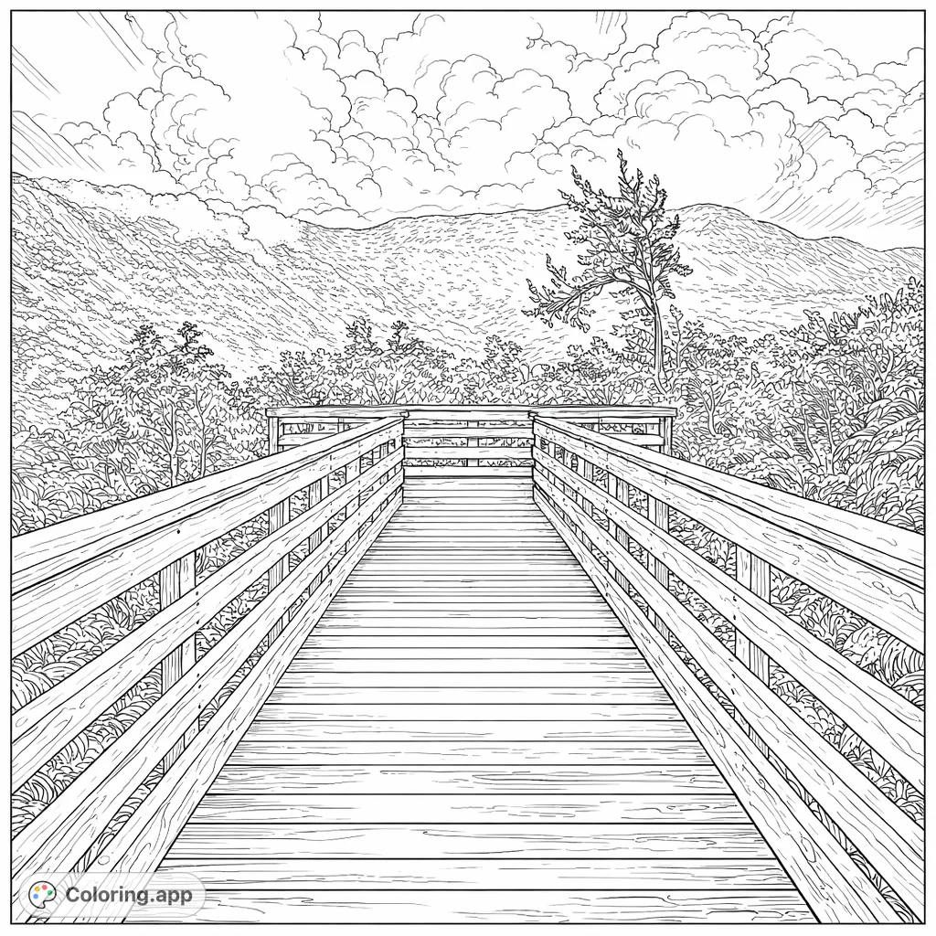 Explore a realistic mountain vista from a detailed wooden boardwalk. A dynamic scene of nature's grandeur, perfect for nature lovers to color and unwind.