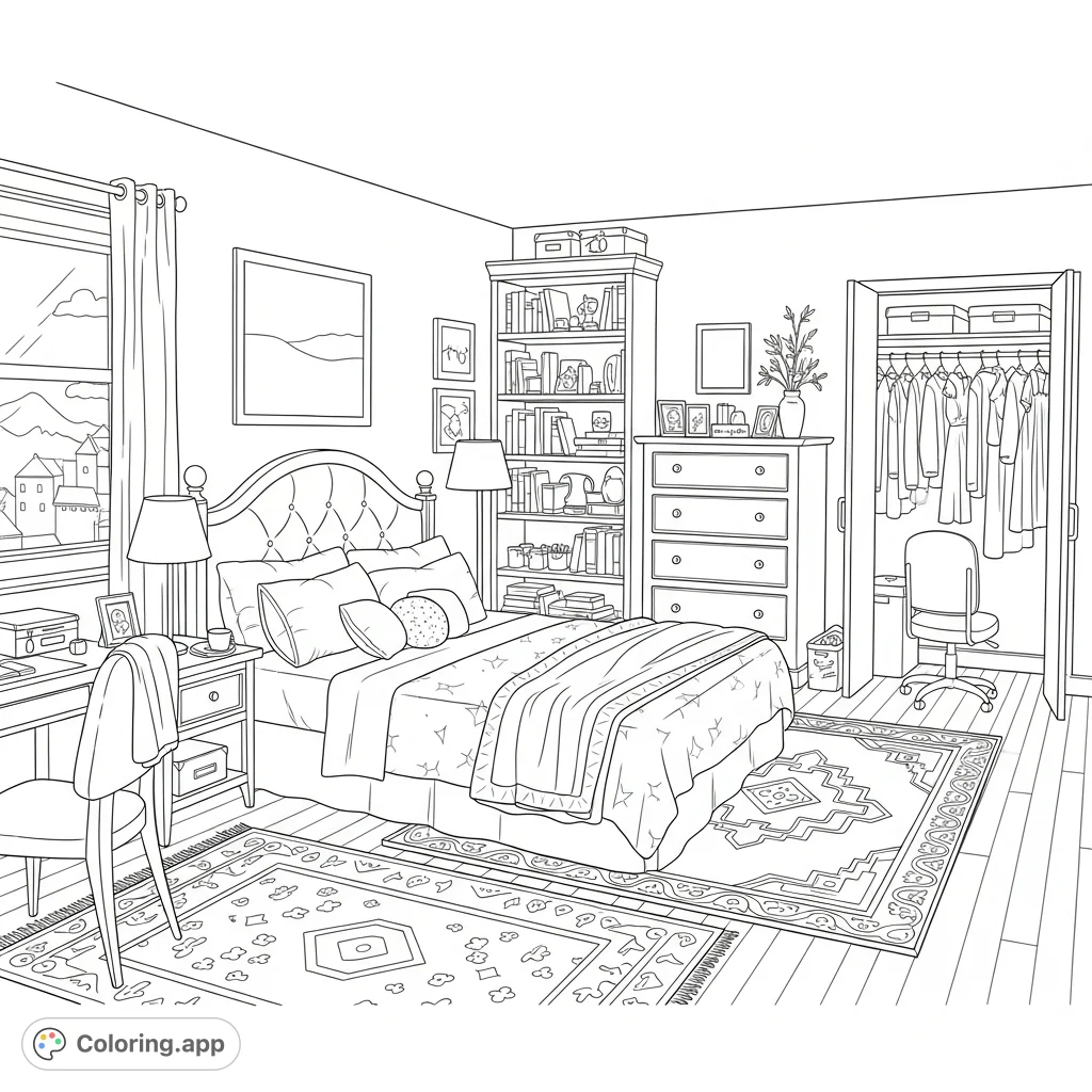 Explore a beautifully detailed bedroom, complete with a bed, dresser, bookshelf, desk, and various personal touches, inviting intricate coloring.