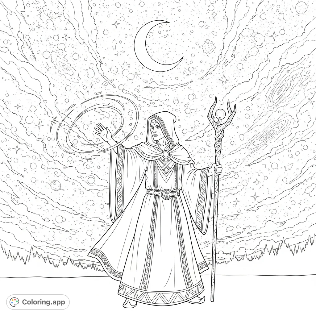 An enchanter casting a spell under a wondrous starry night sky, offering a magical coloring experience for fantasy enthusiasts. Free printable enchanter coloring page.