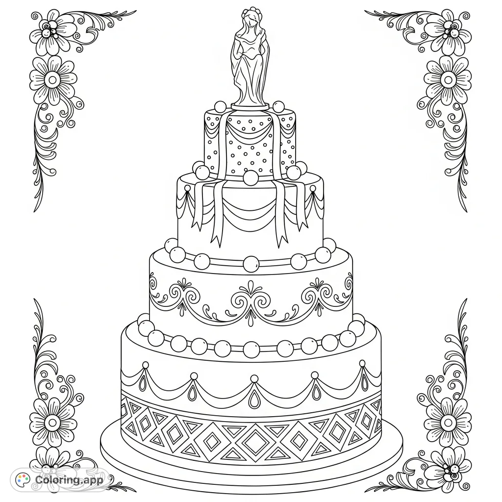 A majestic three-tiered celebration cake adorned with intricate piping, delicate floral patterns, and elegant ribbons, offering a delightful coloring experience.