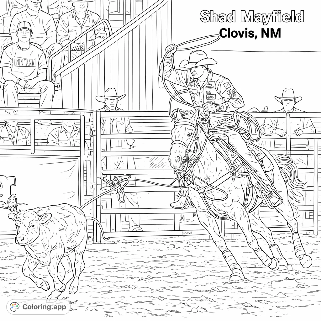 Experience the thrill of the rodeo! A cowboy on a galloping horse attempts to rope a calf in this dynamic western scene, perfect for coloring enthusiasts.