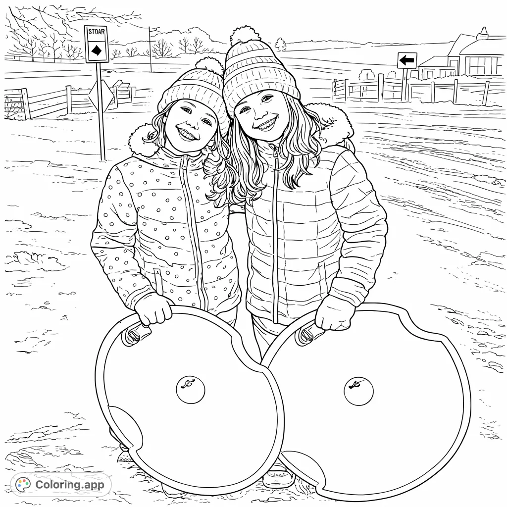 Two smiling girls ready for winter sledding fun in a snowy landscape. A delightful scene for kids to color, featuring warm hats, jackets, and sleds.