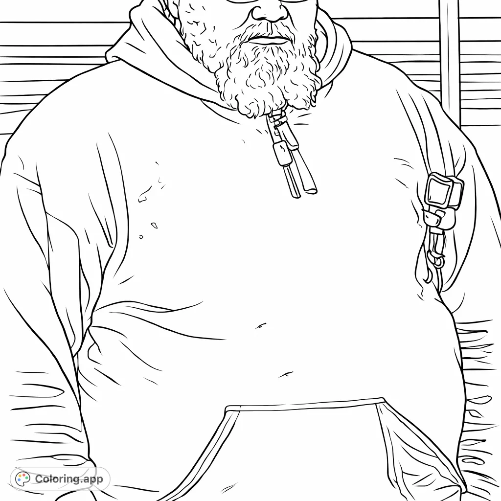 Capture the character of a bearded man in a hooded sweatshirt, complete with textured details and everyday accessories. A realistic portrait coloring page.