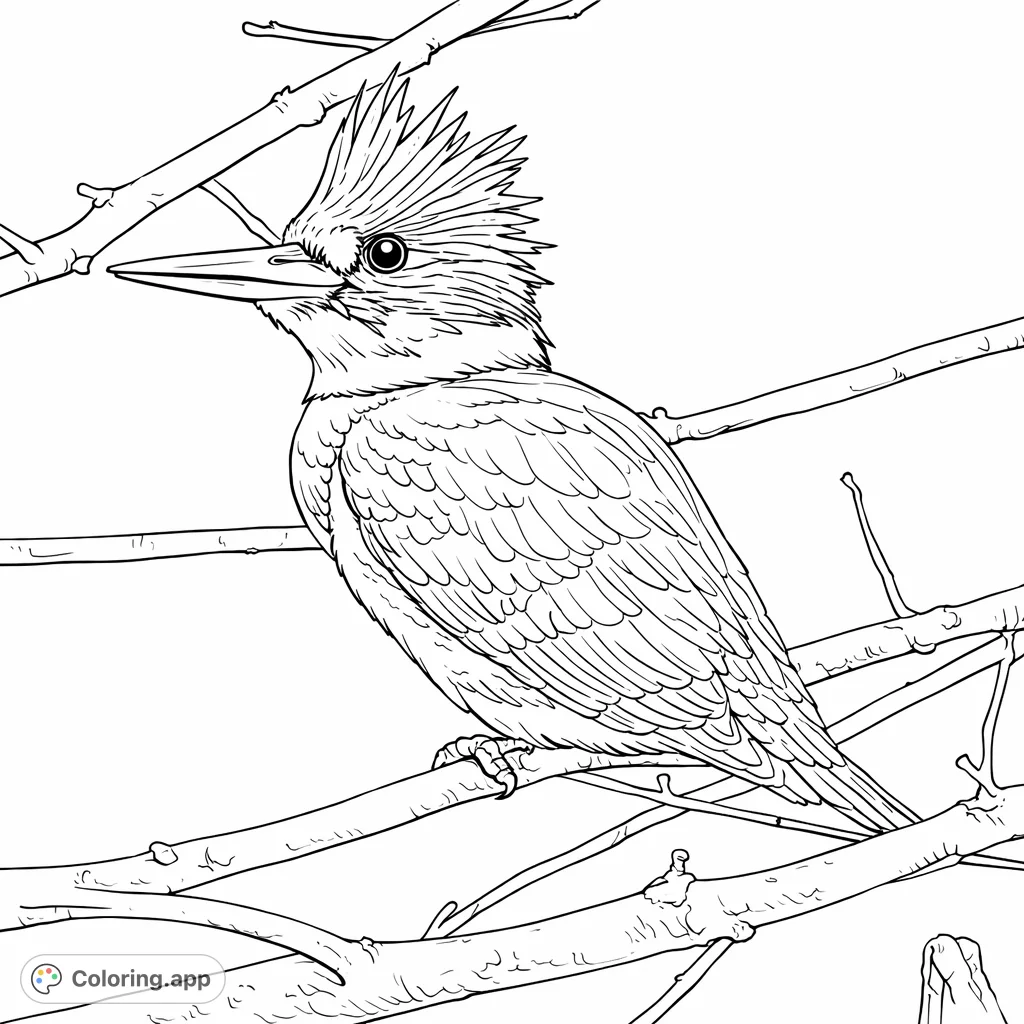 A majestic crested kingfisher perched on a branch, showcasing detailed feather textures and a sharp beak against a natural backdrop. Perfect for nature lovers!