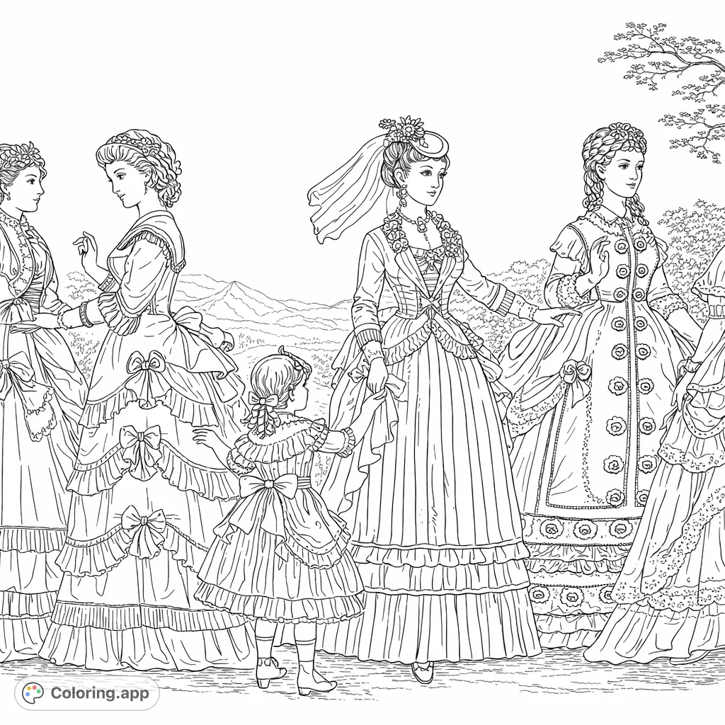 Step into the past with this elegant historical fashion coloring page, featuring women and a child in intricate, layered dresses with exquisite details.