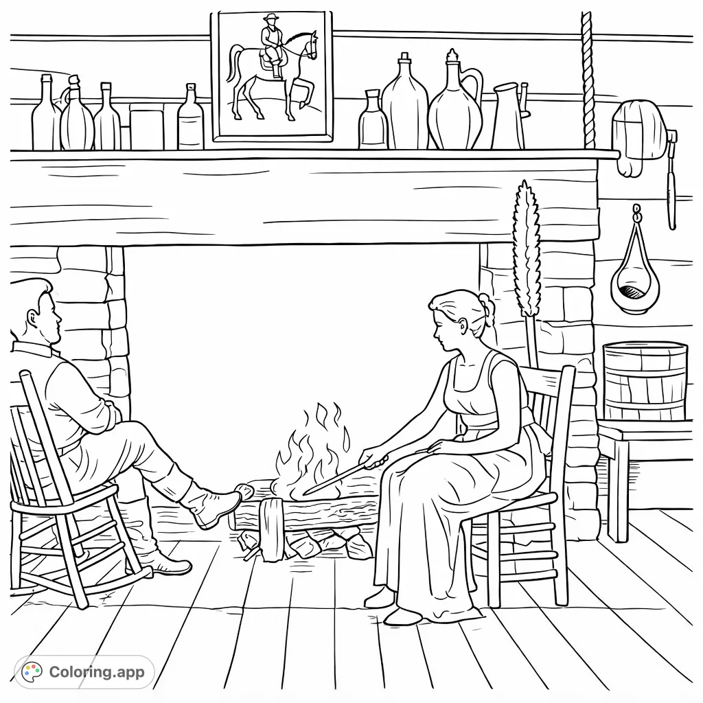 Step back in time with this detailed historical interior coloring page featuring a couple by a warm fireplace, surrounded by rustic home elements.
