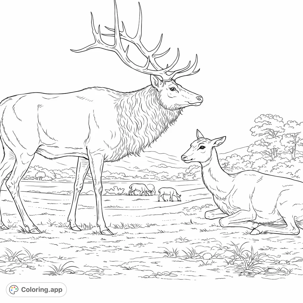 A grand elk stag stands guard while a doe rests in a peaceful meadow. Discover nature's tranquility and bring this magnificent wildlife scene to life.