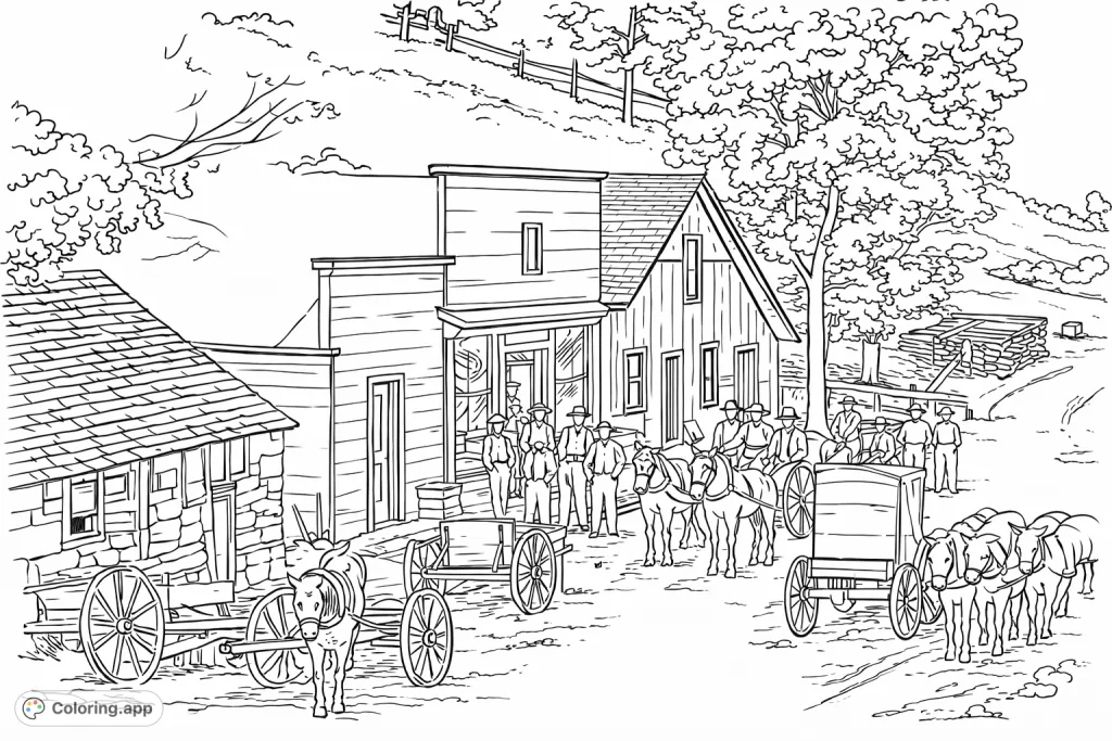 Step back in time with this historical town scene. Explore intricate buildings, figures, horses, and wagons in a bustling frontier setting.