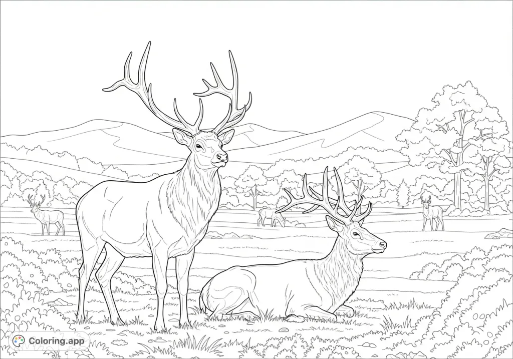 Discover a tranquil wildlife scene with a majestic stag, a resting female elk, and smaller elk in a detailed meadow, surrounded by hills and mountains.