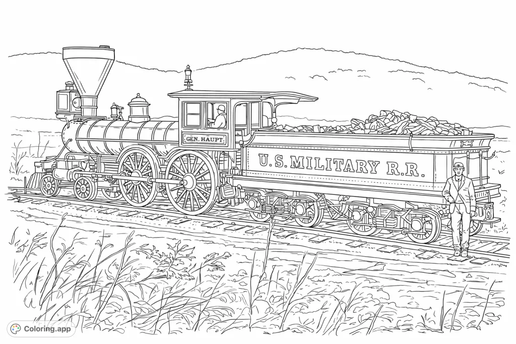 S. Military steam locomotive and tender, complete with crew and fuel, set on railway tracks with distant hills.