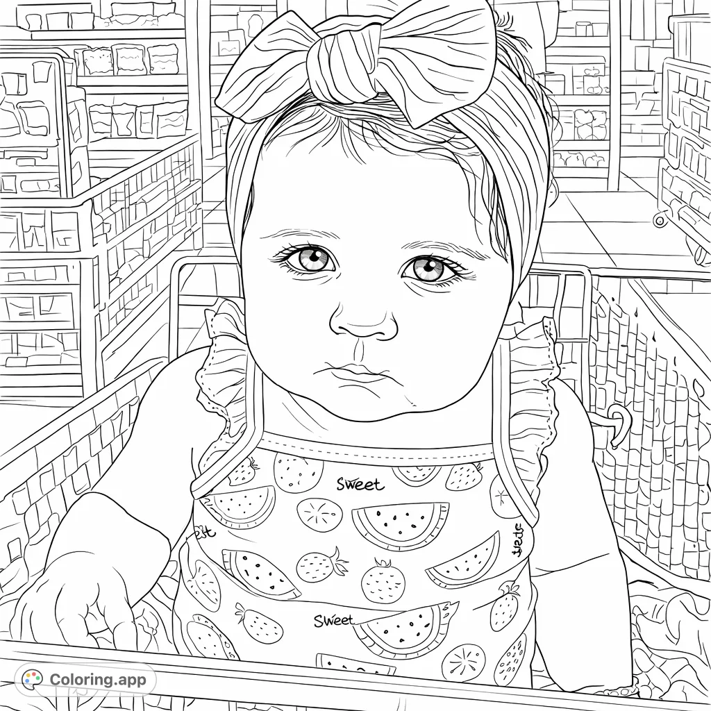 Capture the delightful innocence of a baby in a shopping cart, featuring a charming bow headband and fun fruit-patterned attire. Perfect for creative coloring!