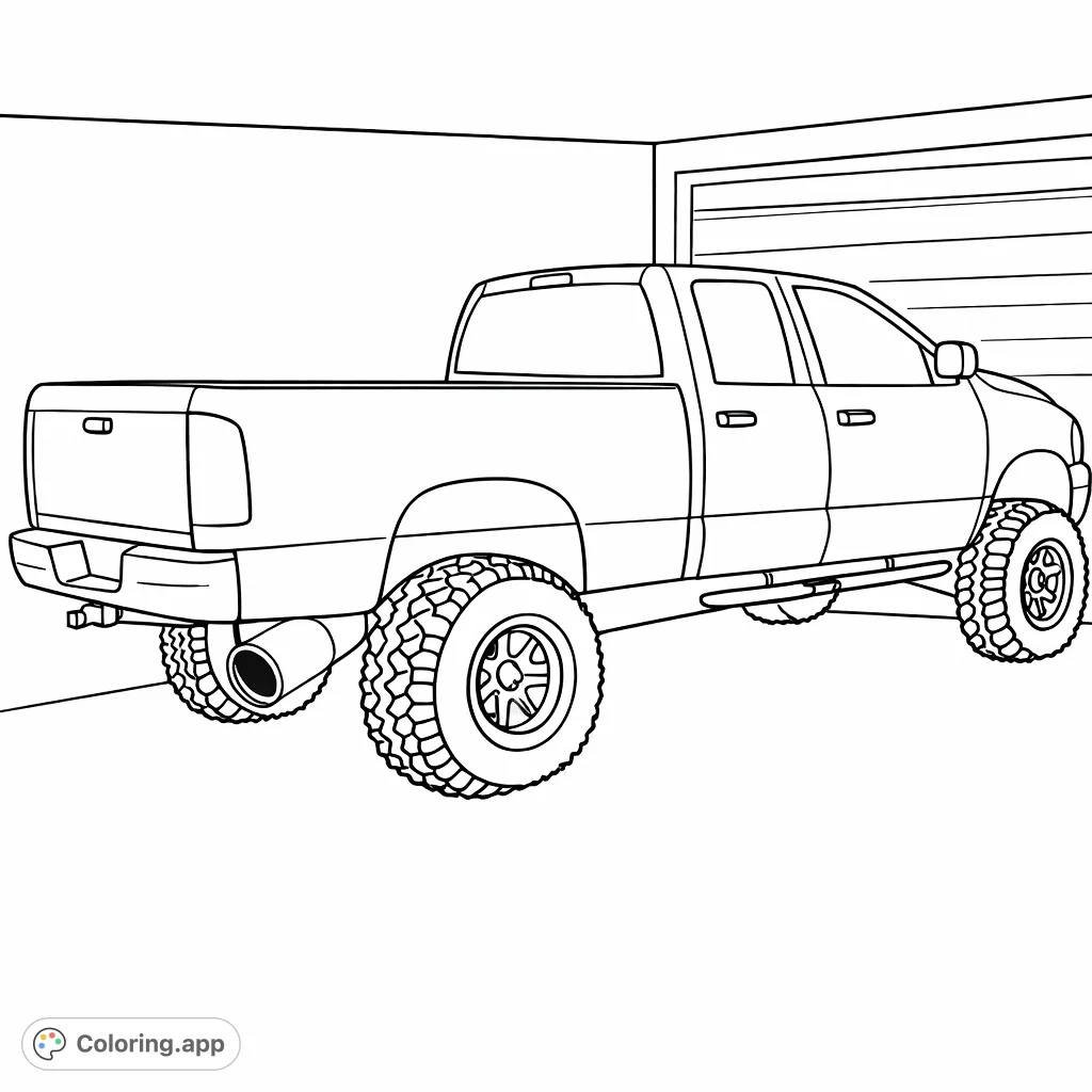 A rugged, lifted pickup truck with oversized wheels and a big exhaust tip. Perfect for vehicle enthusiasts who enjoy simple, high-impact designs.