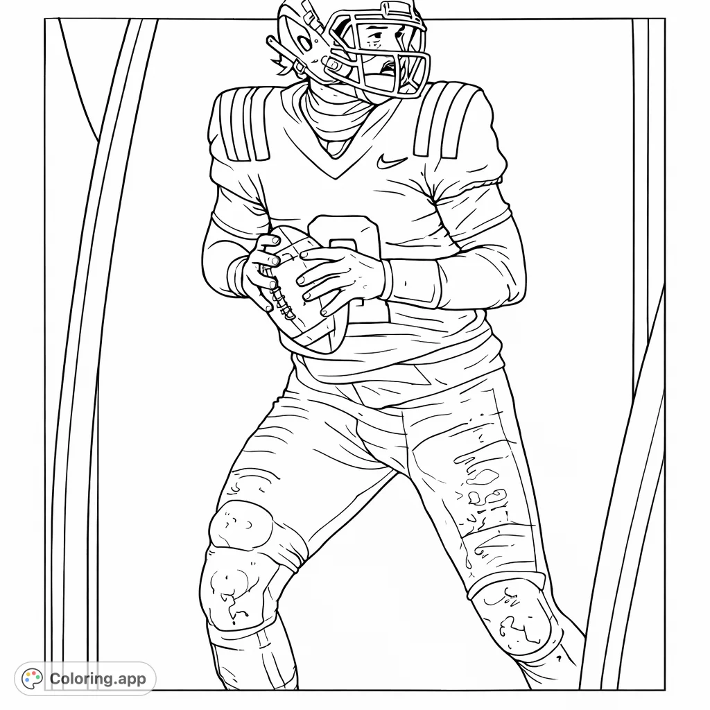 Capture the dynamic energy of a football player poised for action! This sports coloring page features a detailed uniform and equipment, perfect for fans.
