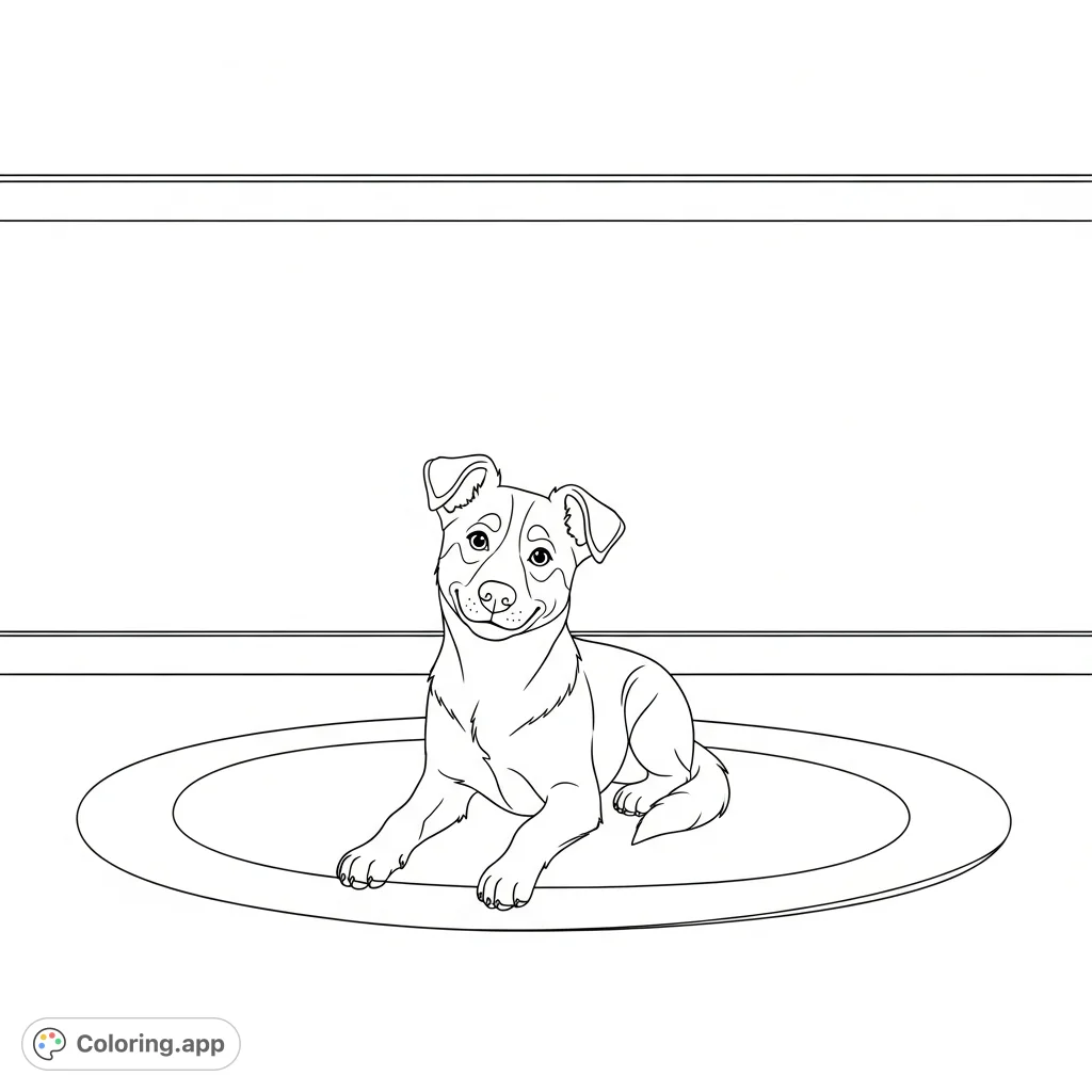 A friendly dog sits comfortably on a circular rug in a serene, uncluttered room. Its warm gaze and soft smile invite a calming coloring experience.
