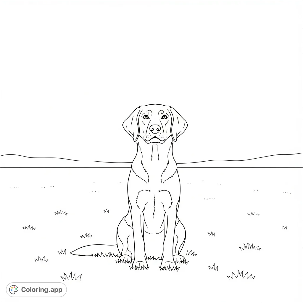 A charming dog sits patiently on an expansive grassy plain under a vast sky, offering a serene and delightful scene for a peaceful coloring experience.
