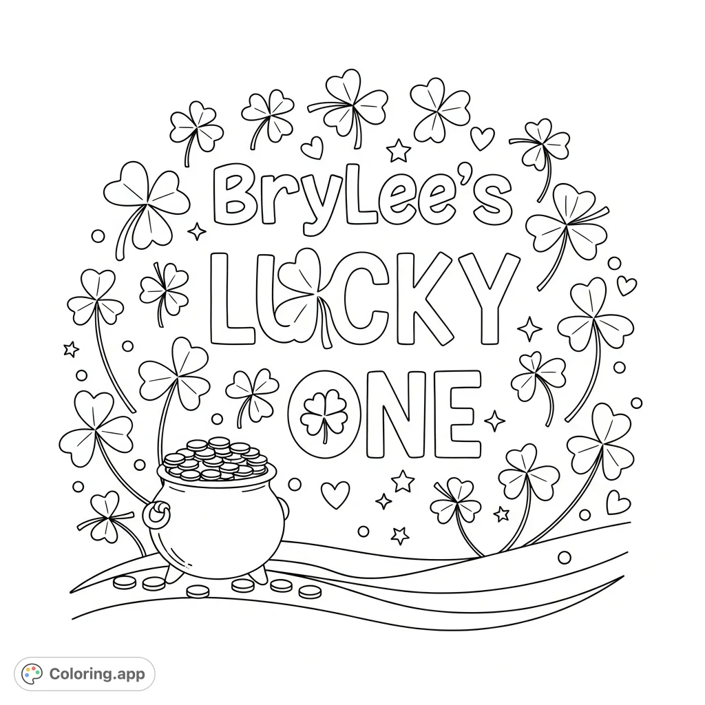 Celebrate Brylee's first birthday with this adorable "Lucky One" coloring page, featuring four-leaf clovers and a pot of gold. Perfect for little ones!