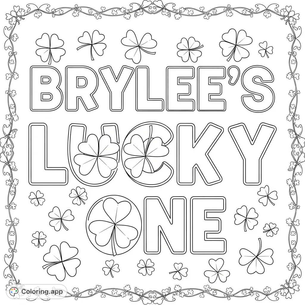 Celebrate with Brylee's Lucky One coloring page, featuring cheerful text, shamrock 'O's, and a decorative border. Perfect for a special occasion!