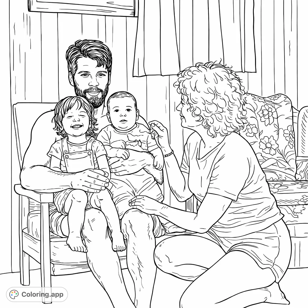 A heartwarming family portrait with a father, two children, and a woman. Perfect for celebrating family bonds and creating cherished memories with your creative touch.