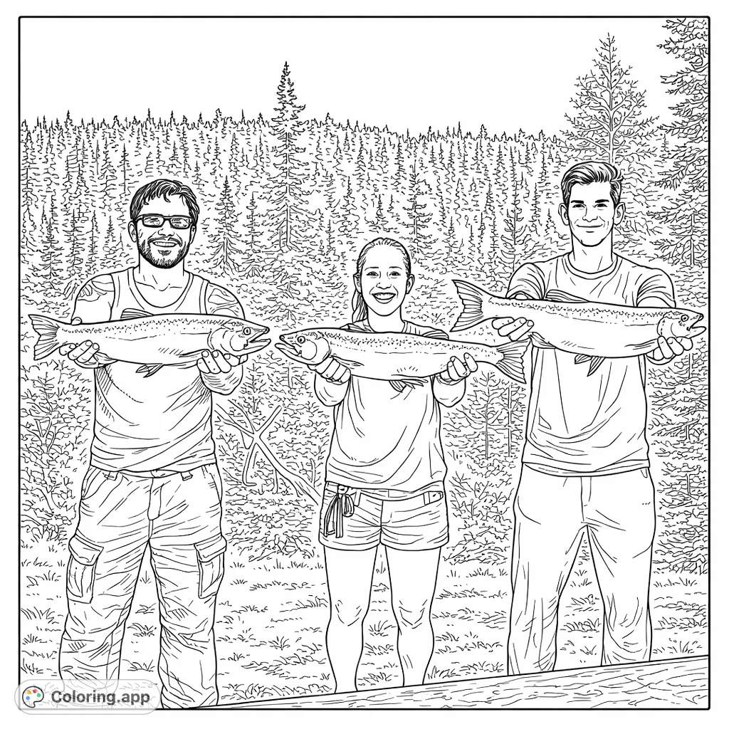 Celebrate a successful fishing trip with this exciting coloring page. Three happy individuals proudly display their impressive catches against a detailed forest backdrop.
