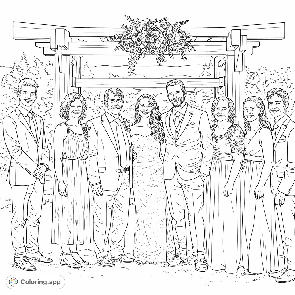 Capture a joyous family wedding moment with this intricate coloring page. Features a happy couple under a floral arch, surrounded by loved ones in a scenic outdoor setting.