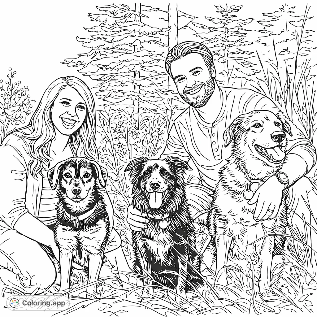 A heartwarming family scene featuring a smiling couple and their three beloved dogs in a natural outdoor setting. Perfect for pet lovers and family-themed coloring.