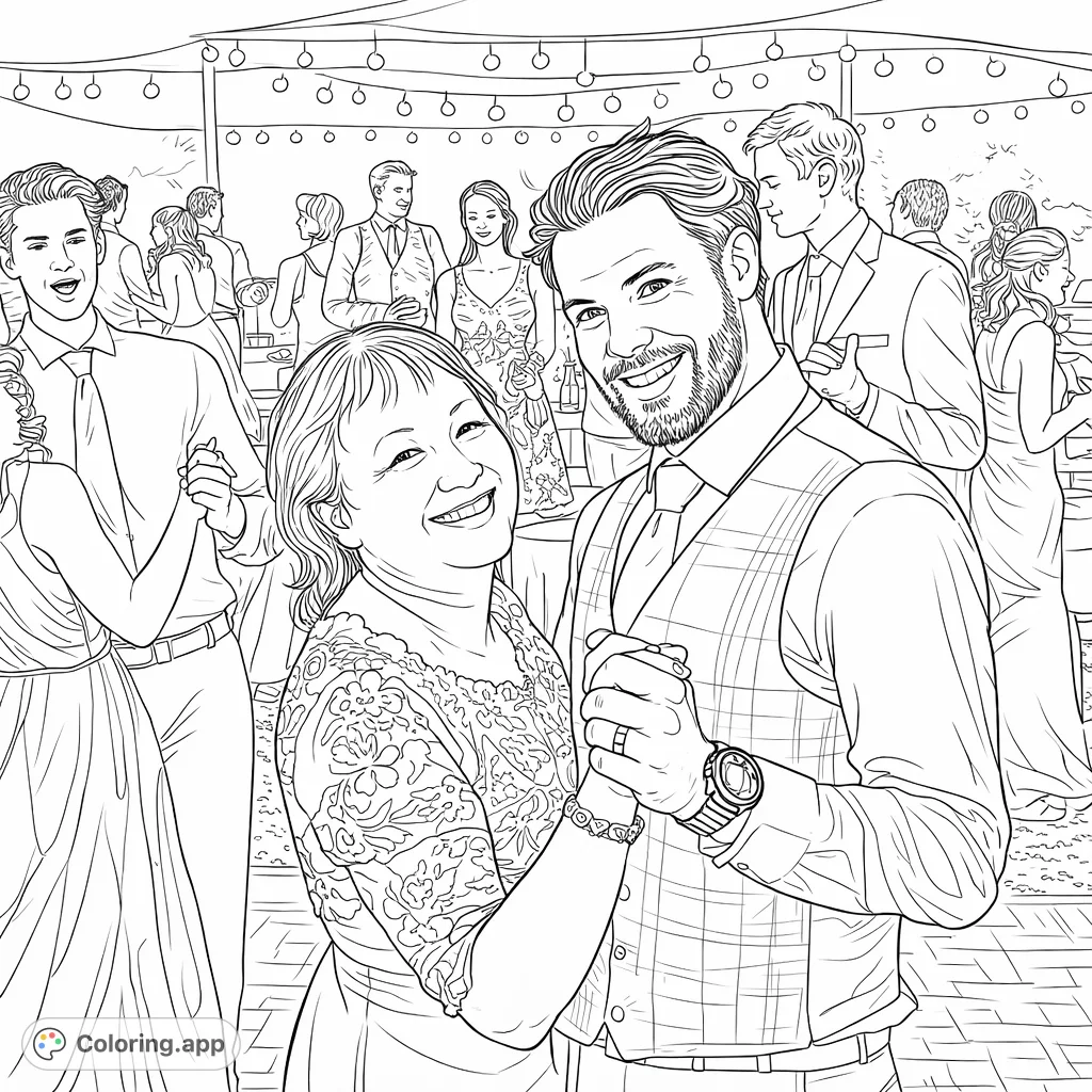 A joyful woman and man dance together, smiling warmly. Features intricate patterns on attire, surrounded by a festive crowd and string lights.