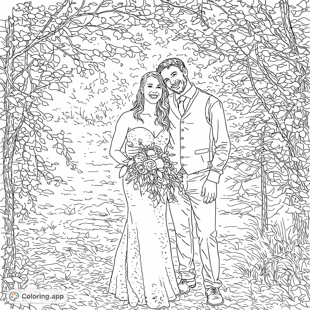 Capture the happiness of a wedding couple embraced under a leafy archway. A beautiful scene to personalize with your chosen hues and textures.