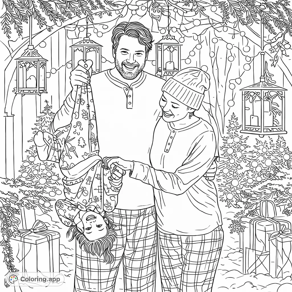 A delightful family holiday scene featuring a playful child held upside down, surrounded by festive lights and decorations.