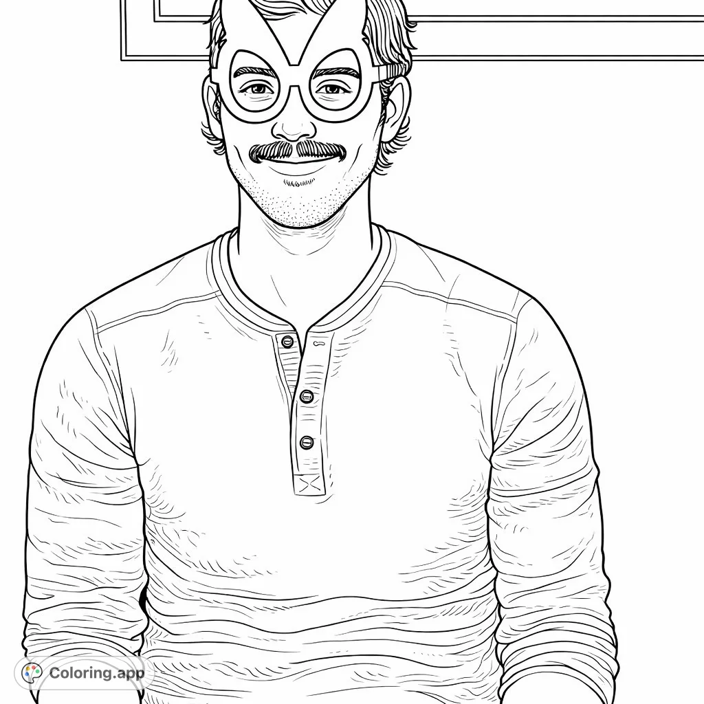 Color a playful man wearing unique paper mask glasses and a textured Henley shirt. Explore detailed features and background elements for a fun, creative coloring experience.