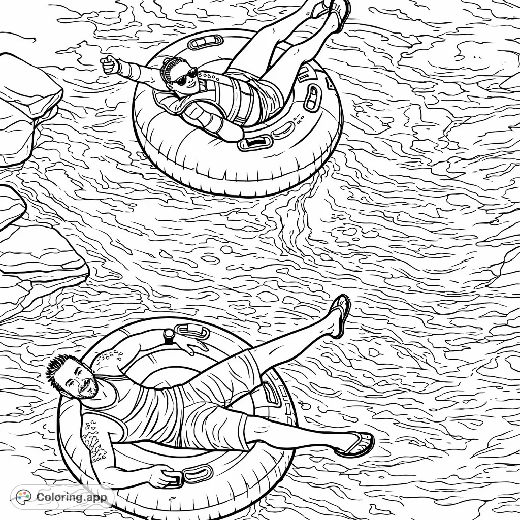 Float into a relaxing coloring experience with two friends enjoying a peaceful river tubing adventure, complete with flowing water and scenic rocks.