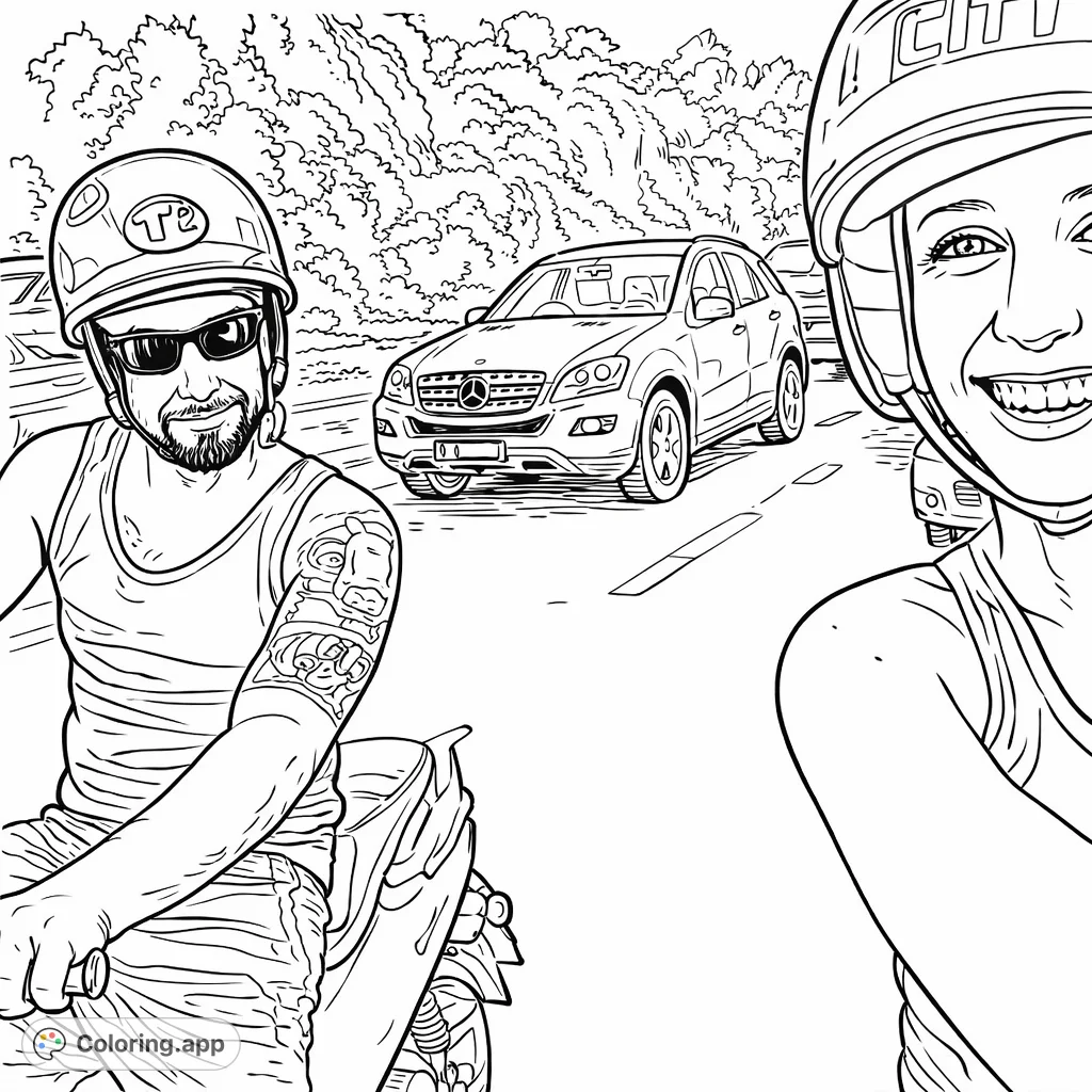 Two friends embark on a scooter journey, captured in a fun moment with helmets on a scenic road. Perfect for travel and adventure coloring page fans.