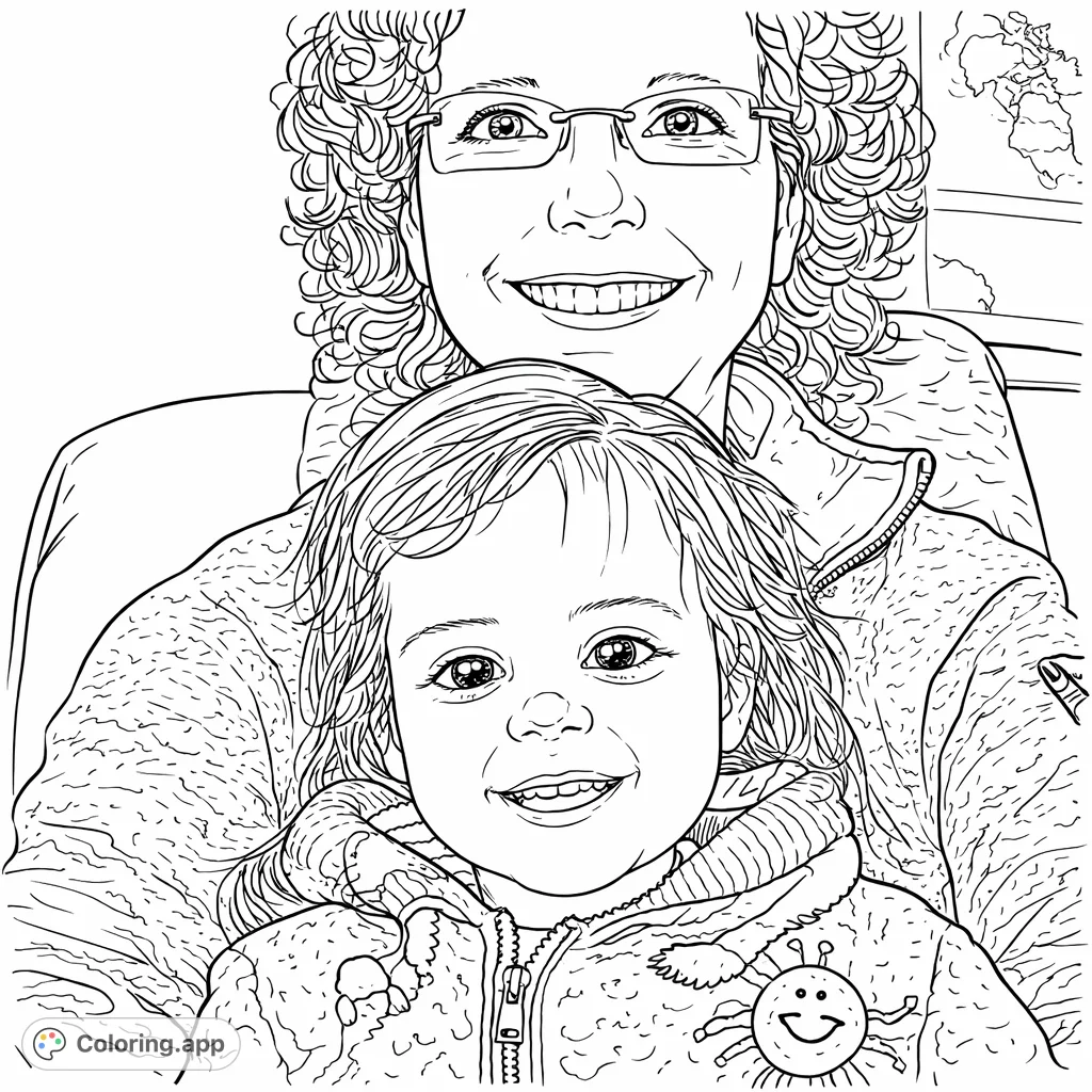 Capture a heartwarming moment with this smiling family portrait coloring page, featuring an adult and a joyful child ready for your creative touch.