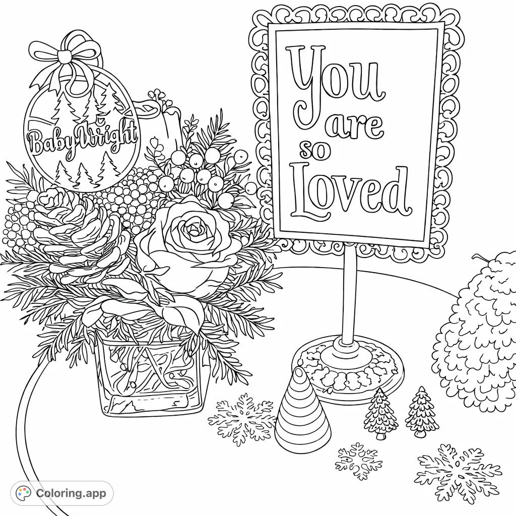 A charming winter celebration scene featuring a detailed floral bouquet, festive pinecones, delicate snowflakes, and a heartfelt framed message, perfect for a cozy coloring experience.