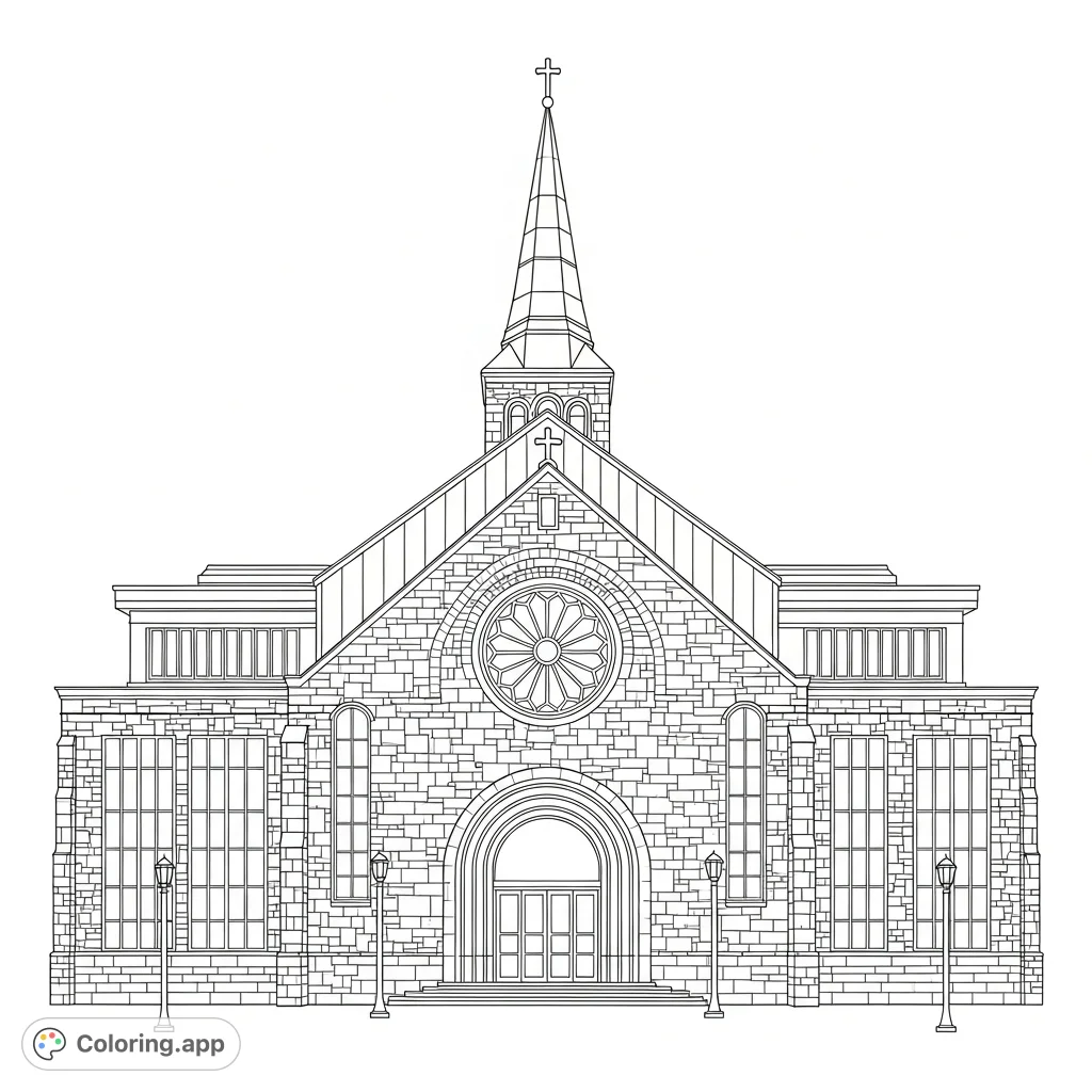 Color a magnificent architectural structure with an imposing stone facade, intricate arched entrance, circular window, and a steeple reaching towards the sky.