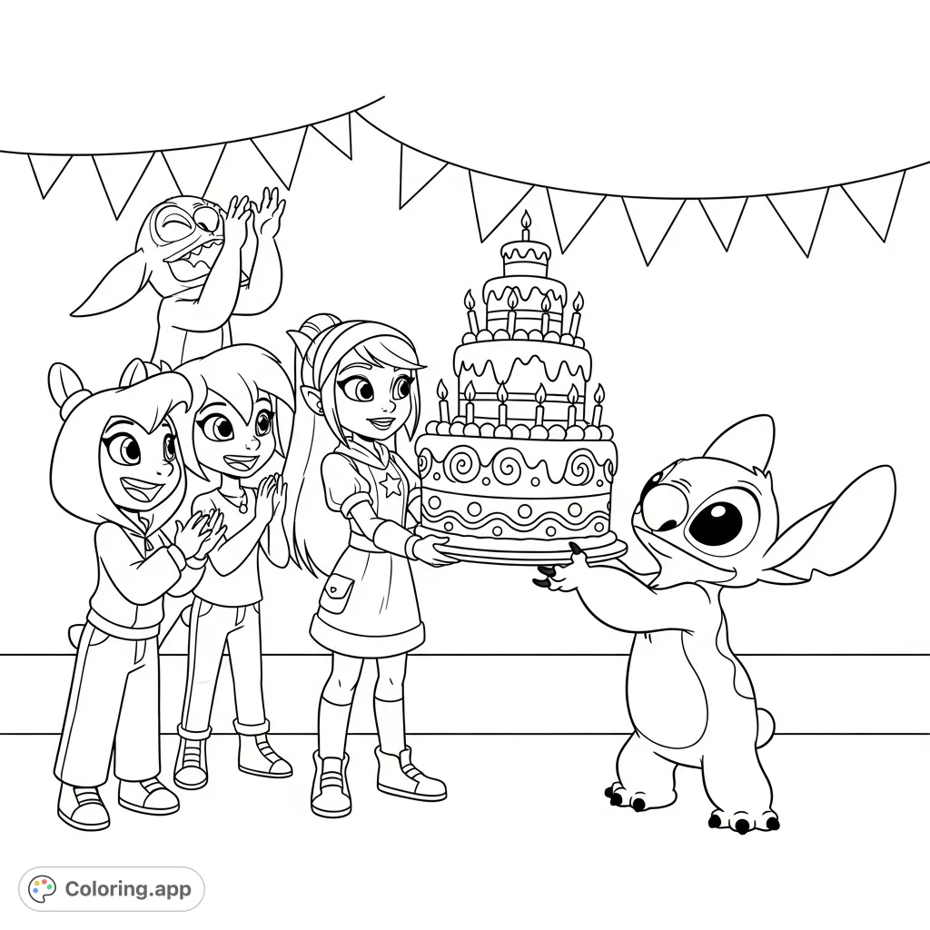Join Mira, Zoey, Rumy, and Stitch for a joyous birthday celebration! Stitch presents a grand cake while friends clap enthusiastically.