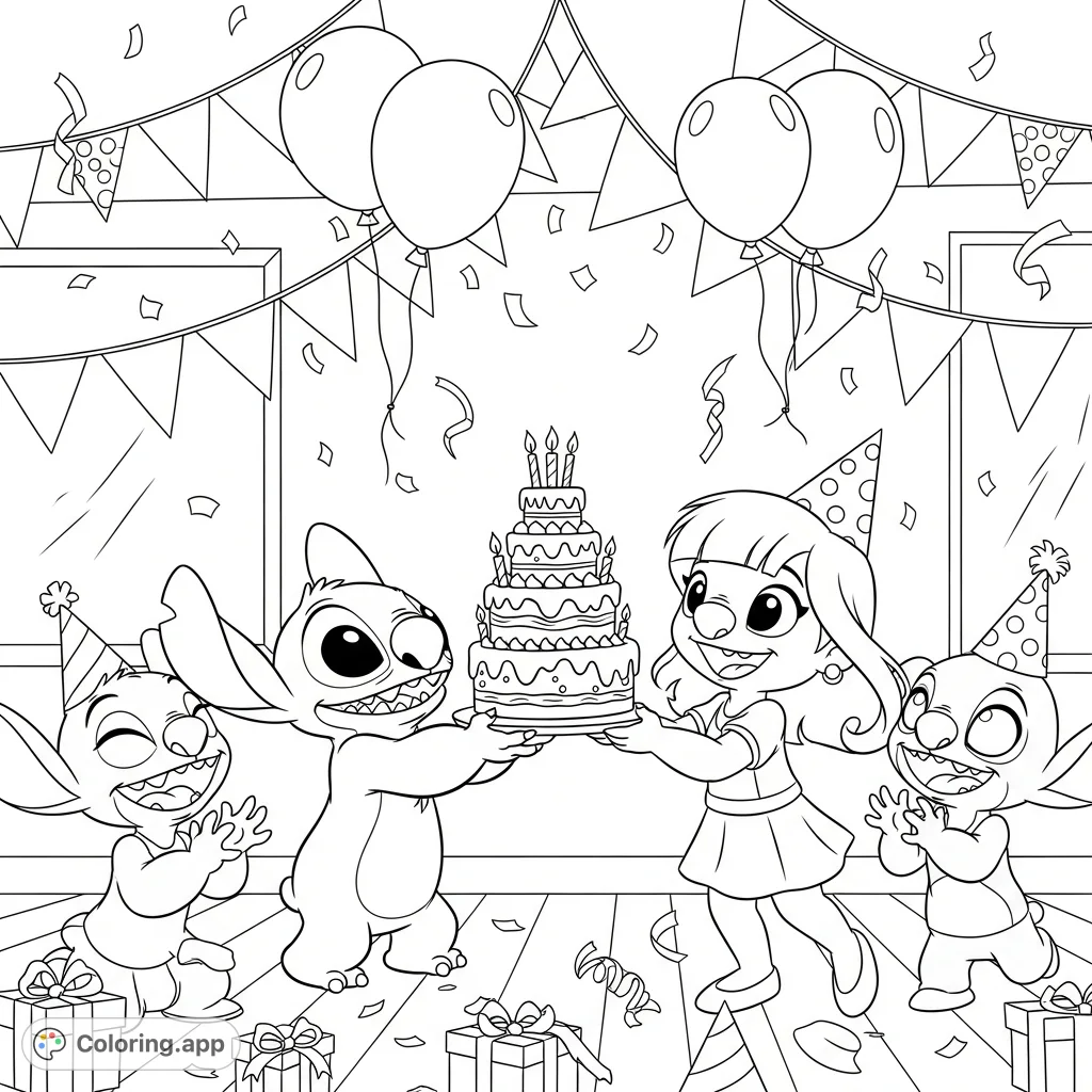 Stitch delivers a festive birthday cake to Mira, while Rumy and Zoey clap in delight. A heartwarming celebration scene, perfect for a joyful coloring page.