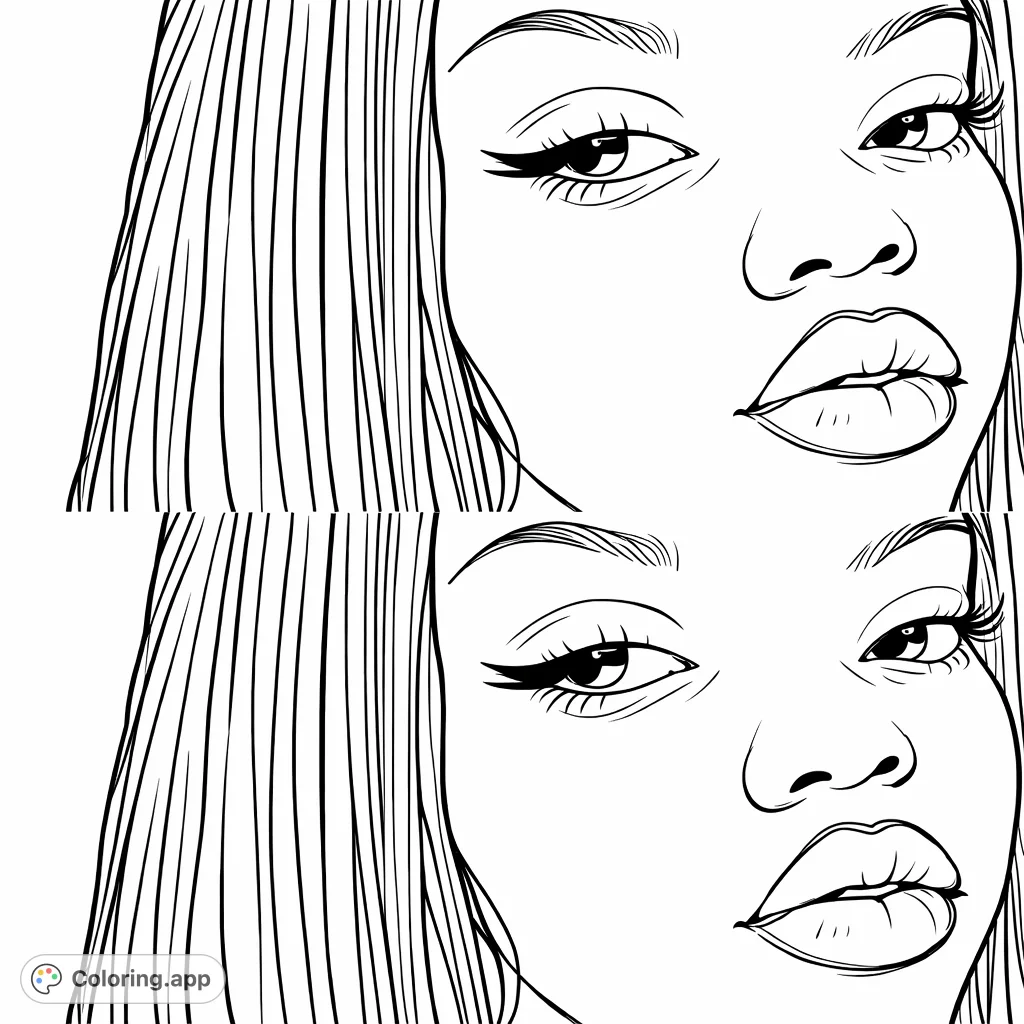 A detailed expressive face portrait coloring page, featuring a prominent eye, nose, and lips, framed by long hair, offering a stylish artistic challenge.
