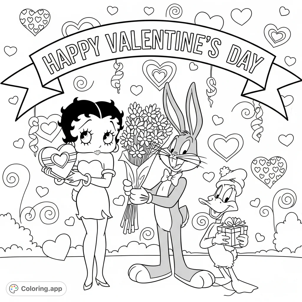 A delightful Betty Boop Valentine's Day coloring page featuring Betty, Bugs Bunny, and Daffy Duck amidst hearts and a "Happy Valentine's Day" banner.