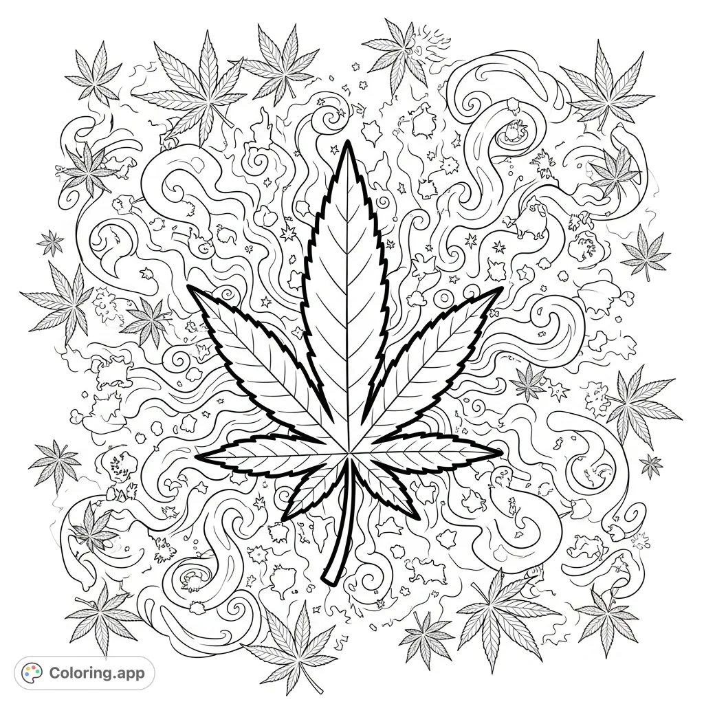 Explore a detailed cannabis leaf design with swirling smoke patterns and overlapping foliage. A relaxing adult coloring page for creative expression and mindfulness.