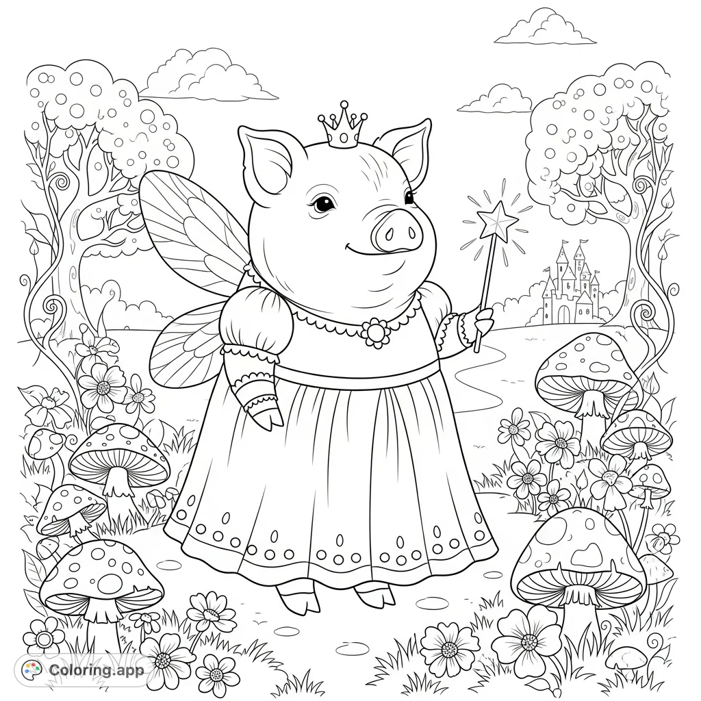 An adorable pig transforms into a magical fairy princess, complete with shimmering wings, a flowing gown, and a sparkling wand, set in an enchanted clearing.