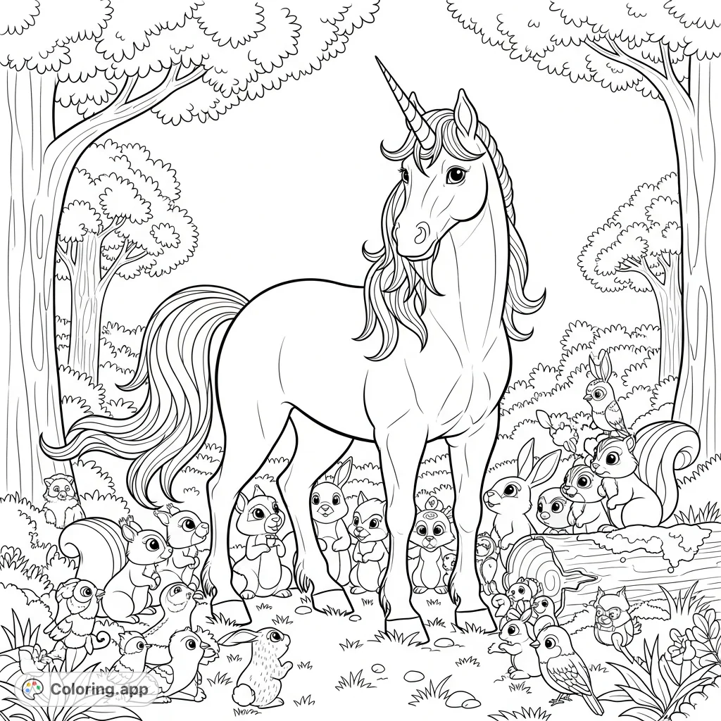 A grand unicorn with a powerful build oversees a charming assembly of small forest creatures in a tranquil woodland, inviting creative coloring for all ages.
